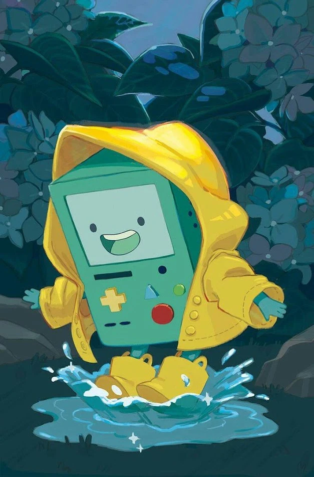 BMO wearing a yellow raincoat and splashing in a puddle.